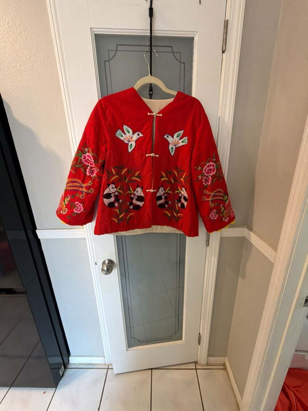 Vintage Handmade Red Quilted Jacket with Panda and Bird Embroidery